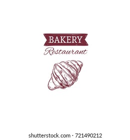 Bakery and bread shop emblem. Vector hand drawn illustration on white. Windmill. Vintage style. Croissaint