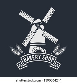 Bakery or bread shop logo, emblem with old Windmill. Vector illustration