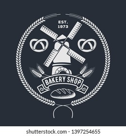 Bakery or bread shop logo, emblem with old Windmill. Vector illustration