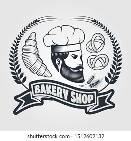 Bakery or bread shop logo, emblem with Chief and Croissant. Vector illustration