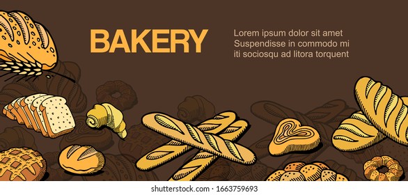 Bakery and bread shop vector illustration sketch, loaf, baguette, buns and croissant bakery house with fresh pastry. Baking goods poster with typography.