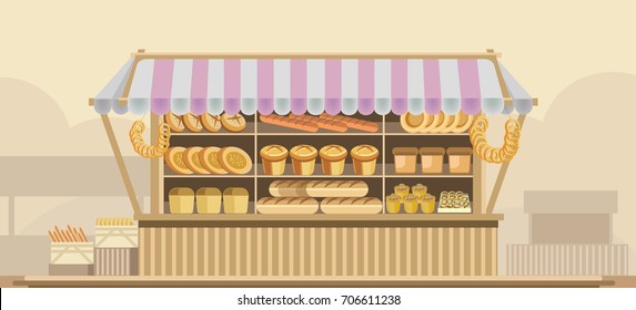 Bakery bread stand counter vector booth product shop or supermarket store display