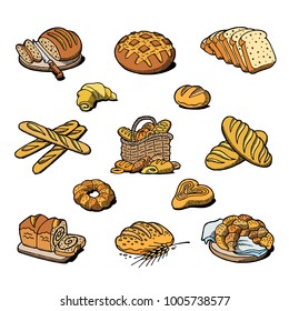 Bakery and bread vector baking breadstuff meal loaf or baguette baked by baker in bakehouse set illustration isolated on white background