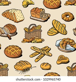 Bakery and bread vector baking breadstuff meal loaf or baguette baked by baker in bakehouse set illustration seamless pattern background.