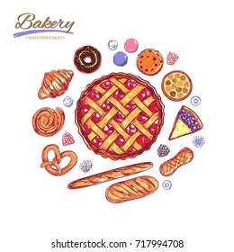 Bakery And Bread Vector Collection. Different Types Of Pastries And Cakes With Fruits And Berries. Cherry Christmas Pie