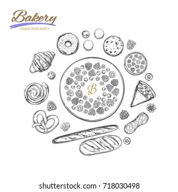 Bakery and bread vector collection. Different types of pastries and cakes with fruits and berries. Sketch style
