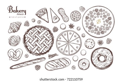 Bakery and bread vector collection. Different types of pastries and cakes with fruits and berries.