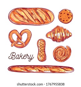 Bakery and Bread vector colorful illustrations. Different types of pastries and cakes . Bakery menu elements