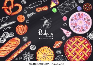 Bakery and Bread vector frame. Different types of pastries and cakes with fruits and berries. Cherry  pie