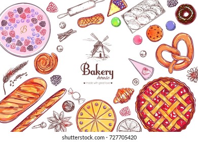 Bakery and Bread vector frame. Different types of pastries and cakes with fruits and berries. Cherry  pie