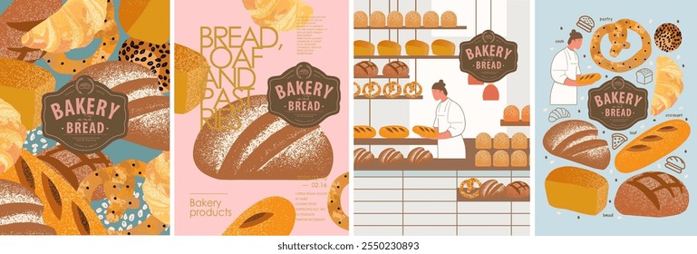 Padaria e pão. Ilustração moderna vetor de massa, pão, croissant, produção de bagel e assar de pão, logotipo, loja de venda de pão, vitrine e prateleiras, ícones para cartaz ou fundo 