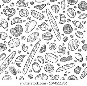 Bakery breads, baguettes and pastry vector seamless pattern