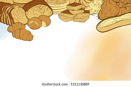 bakery breads banner with watercolor background. hand-drawn vector illustration