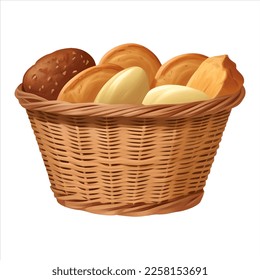 Bakery Breads in Wicker Basket Isolated Detailed Hand Drawn Painting Illustration