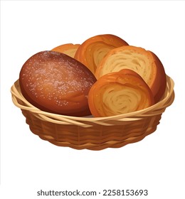 Bakery Breads in Wicker Basket Isolated Detailed Hand Drawn Painting Illustration