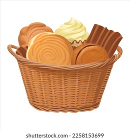 Bakery Breads in Wicker Basket Isolated Detailed Hand Drawn Painting Illustration