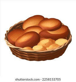 Bakery Breads in Wicker Basket Isolated Detailed Hand Drawn Painting Illustration