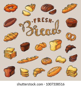 Bakery breadstuff vector baking bread loaf or baguette baked by baker in bakehouse set illustration isolated on background