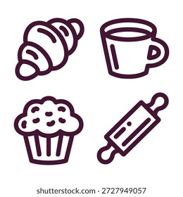 Icon-Set für Bäckerei und Frühstückszeile - Croissant, Kaffeetasse, Muffin und Rolling Pin