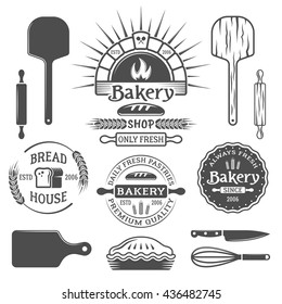 Bakery and brick oven set of vector monochrome emblems, labels, badges and design elements (wooden shovel, bread, pie, cutting board, rolling pin) isolated on white background