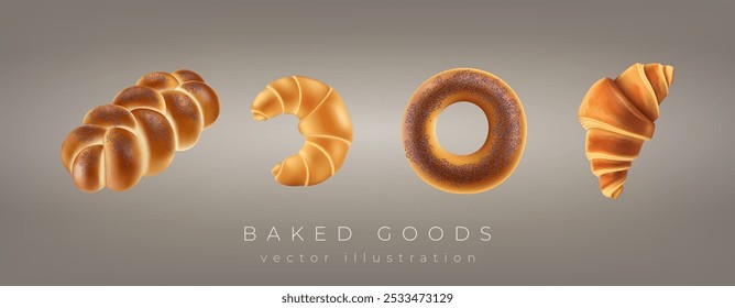 Bakery brioche. 3D pastry. French croissant. Grain bun. Baker menu assortment. Wheat bagel. Fresh challah. Baked food icons. Breakfast meal. Tasty cake. Flour dough confectionery. Vector banner design