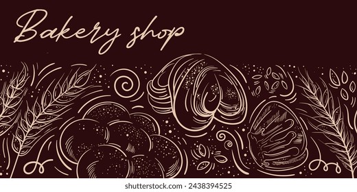 Bakery brown background. Linear graphic. Bread and pastry collection. Bread house. Vector illustration. For advertising, packaging, banners , web, branding