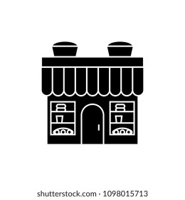 Bakery building black icon concept. Bakery building  vector sign, symbol, illustration.