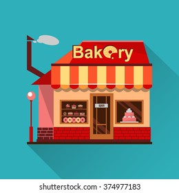 Bakery building with cakes, donuts and pies in the shop windows. Illustration of a building selling baked goods and pastry. Vector flat style design icon with a shadow. Dessert market. Cafe