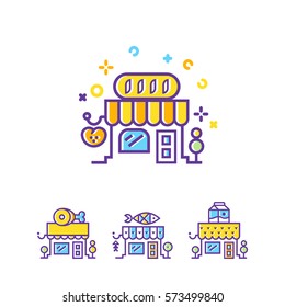 Bakery  building  line icon. Set of city Shop and store buildings icons. Flat isolated vector illustration on white background. Linear stokes and fills.