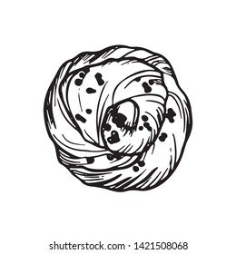 Bakery bun with chocolate vector illustration. Hand drawn detailed ink illustration. Elements for design menu, package, poster. 