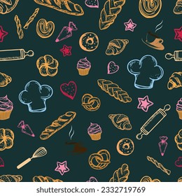 Bäckerei, Gebäck, Brot, Süßigkeiten, Brezel, Croissant, Kaffee, Backen, Genuss, Ruhe, Vektorgrafik, Nahtlose Muster