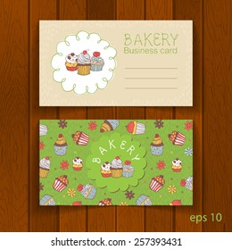 Bakery Business Card with Capcakes and Cupcakes Pattern on the Back Side
