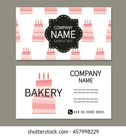 Bakery. Business card. Pattern with cute cakes. Pattern are not cropped and can be edited. All elements are hidden under mask. Cute design.
