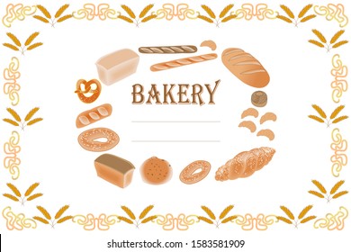 Bakery business card. Title Bakery in the frame of various bread and pastry.