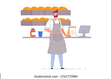 Bakery business owner. Isolated vector baker person man working at bakery retail shop checkout counter. Bread loafs on shelves. Small business owner concept