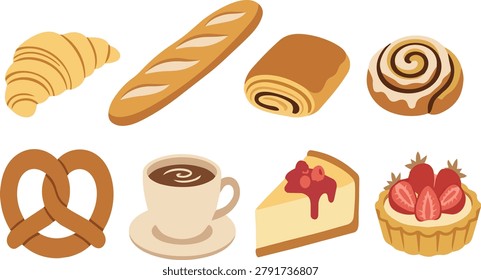 Bakery and cafe icon set vector illustration. Assorted pastry, bread, and coffee collection.