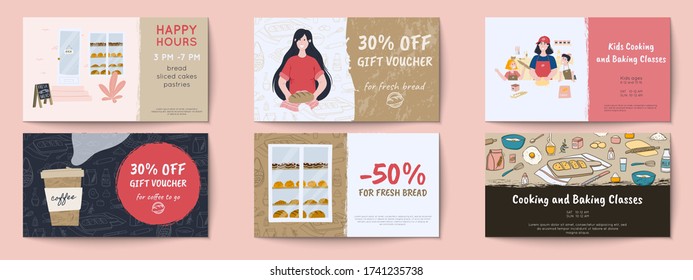 Bakery, cafe or restaurant gift certificate or voucher template design. Flat cartoon hand drawn illustration. Sale banner, flyer, poster. Happy hours, discount, cooking and Baking Classes