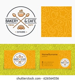 Bakery and cafe set with logo consisting of cup of coffee and croissant, seamless pattern and cards for identity baking firm, loaf store, food market, coffee shop, cafe etc. Vector Illustration