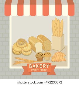 Bakery cafe shop showcase decoration with awning and brick wall in pastel background colors.Illustration vector.