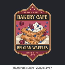 Bakery cafe vintage colorful logotype with Belgian waffles and berries for advertising poster or menu decorations vector illustration