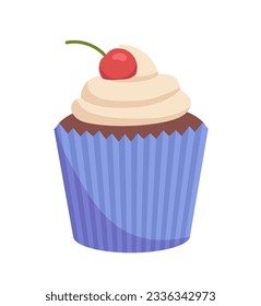Bakery cake with cherry sticker concept. Pastry and sweet products. Dessert and delicacy. Poster or banner for website. Cartoon flat vector illustration isolated on white background