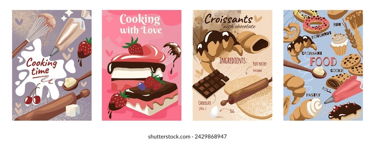 Bakery cake. Dessert menu, bake poster cafe illustration, food flyer, chocolate muffin and delicious cream cupcake banner, recipe sweet kitchen, utensils for homemade cooking, cover design. Vector set