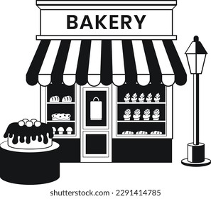 bakery with cake illustration in doodle style isolated on background