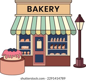 bakery with cake illustration in doodle style isolated on background