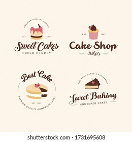 Bäckerei Kuchen Logotypen Set. Bakery Vintage Design Elemente, Logos, Abzeichen, Etiketten, Symbole und Objekte Vektorsatz.