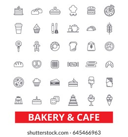 Bakery: cake,  pastry, cookies,  cafe, pie, chocolate, cooking, baking, dessert line icons. Editable strokes. Flat design vector illustration symbol concept. Linear signs isolated on white background