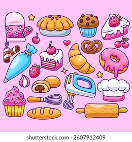 Bakery Cake Set Cartoon Vector Icon Illustration. Food Object Icon Concept Isolated Premium Vector. Flat Cartoon Style