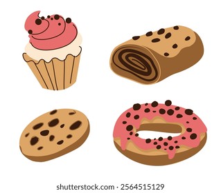 Bakery cake. Sweet dessert. Chocolate cookie. Donut with icing glaze. Yummy food. Cupcake and delicious pie. Baking dough snacks. Pastry cooking. Tasty roll muffin. Cafe menu. Vector confectionery set