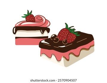 Bakery cake. Sweet dessert. Glazed biscuit with strawberry. Chocolate topping. Sugar cream. Pastry cooking. Fruit souffle piece. Cocoa icing. Holiday pie. Patisserie food. Vector yummy confectionery