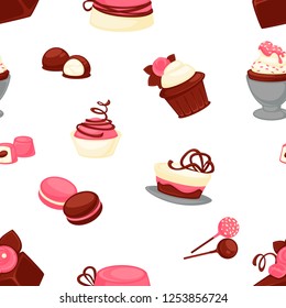 Bakery and cakes baked culinary products seamless pattern vector. Chocolate ingredients and topping, lollipop and cakes, candies with stuffing vanilla flour. Strawberry taste sweet food dessert
